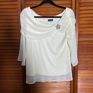 MSK Womens White Draped Chiffon Blouse Rhinestone Brooch 3/4 Sleeve Top Large